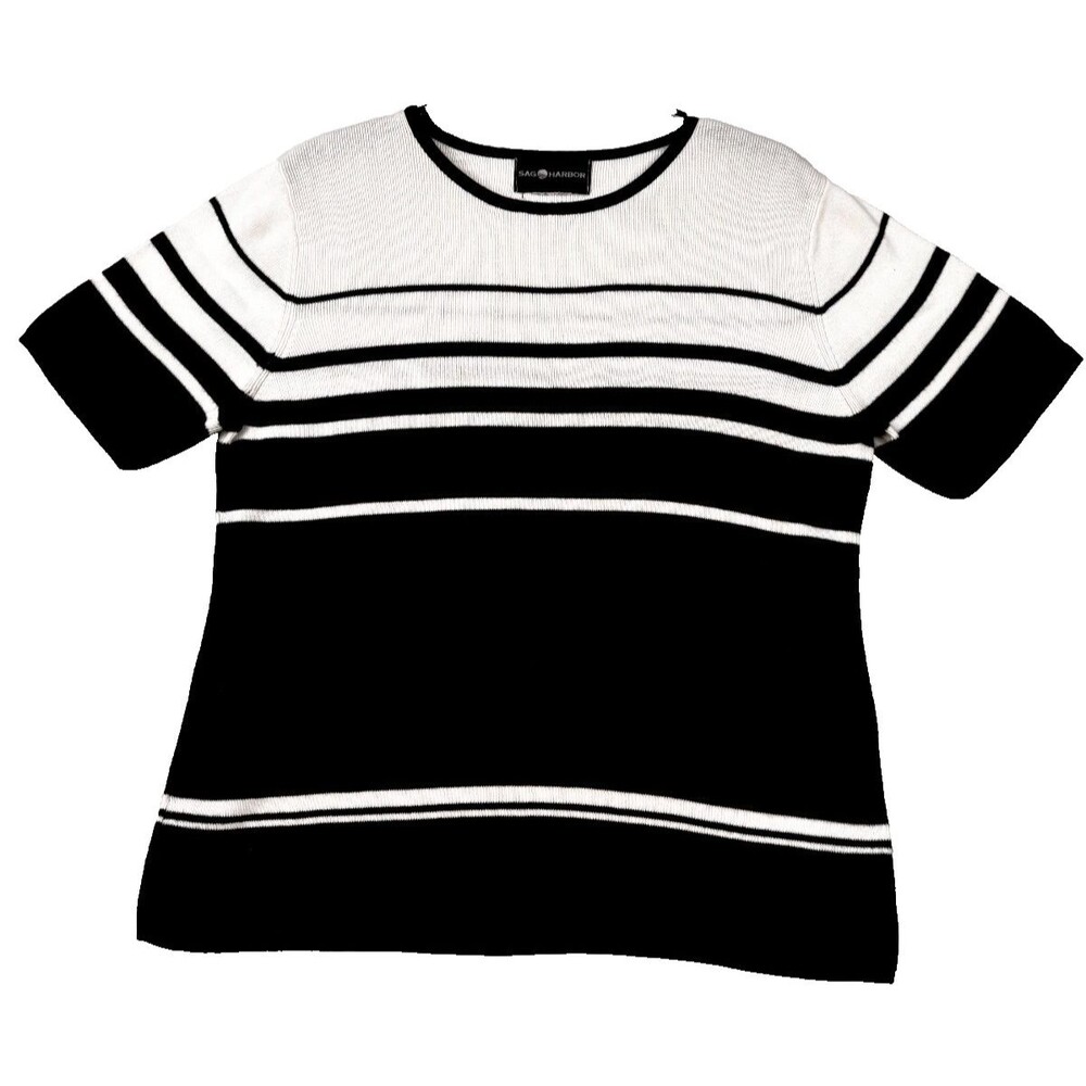 Sag Harbor Striped Knit Top Black White Ribbed Short Sleeve — Approx S/M